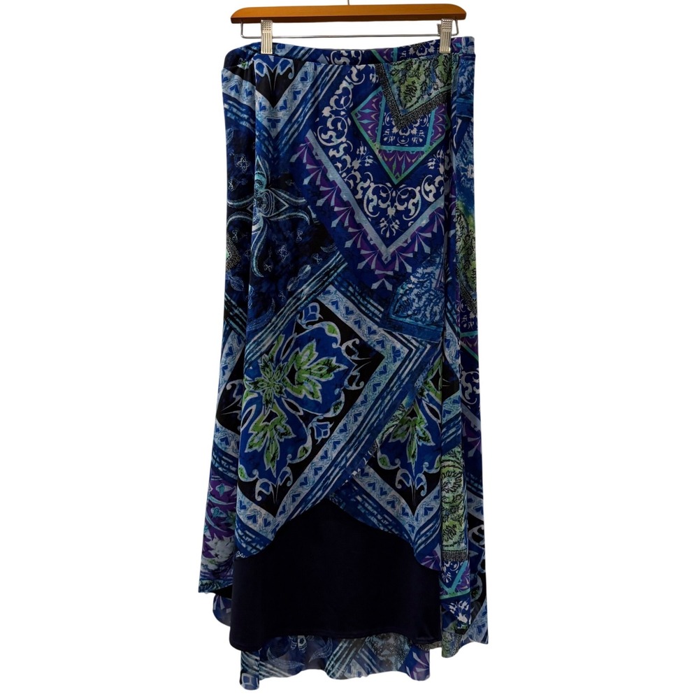 Chico's Maxi Skirt Women 1 Blue Mesh Patchwork Paisley Tulip Hem Boho Long Skirt